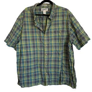Duluth Trading Co. Button-Down Short Sleeve Relaxed Fit Shirt Green Blue Plaid